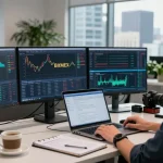Отзывы о битмекс биржа в современном офисе с трейдером и графиками.