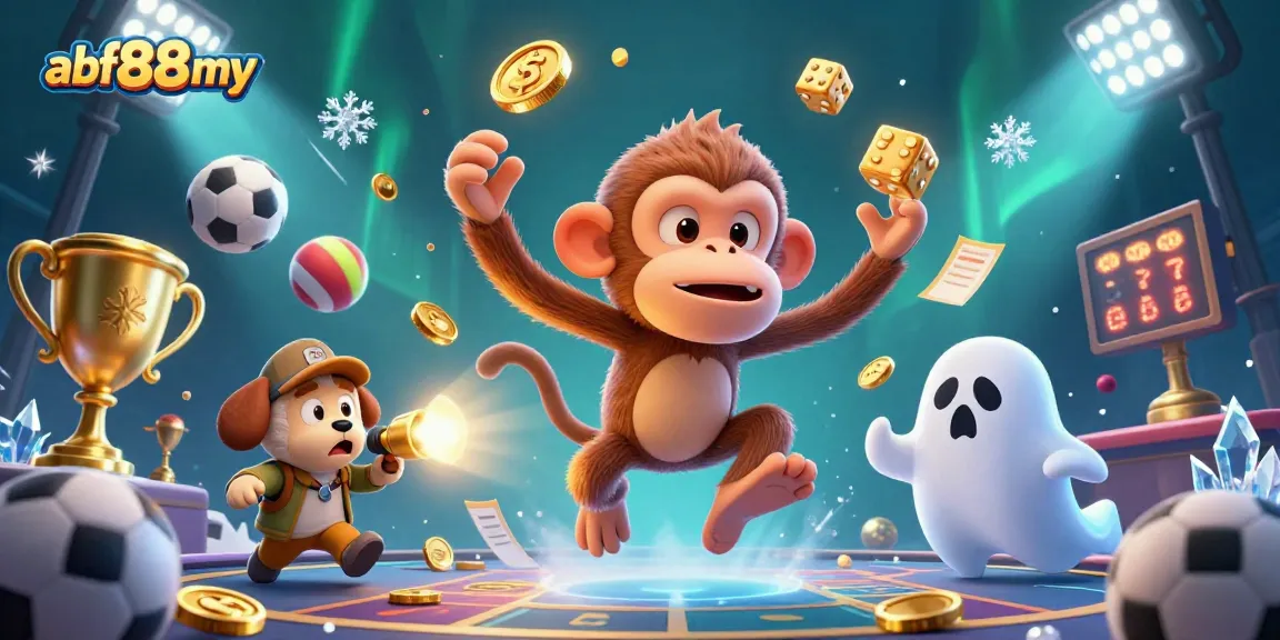 Engage with afb88my as a poltergeist monkey juggles casino treasures in a spooky, vibrant scene.