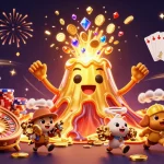 Win big with Luckywin in this vibrant casino illustration featuring volcanoes and treasures.