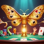 Experience thrilling gameplay at qiuqiu99 with a dynamic casino scene featuring a magical moth and poker stakes.