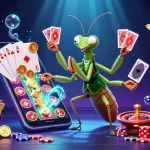 11bet captivatingly showcases a giant praying mantis card sharp orchestrating games amidst vibrant casino elements.