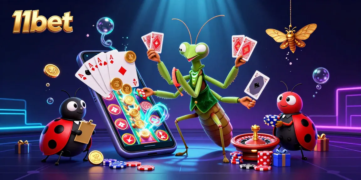 11bet captivatingly showcases a giant praying mantis card sharp orchestrating games amidst vibrant casino elements.