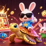 Join the excitement with UK88's animated lucky rabbit and golden sea turtle amidst a jackpot and casino-themed scene.