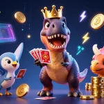Menggunakan dewatatopup untuk proses top up game cepat dengan T-Rex dan triceratops berlatih di kasino