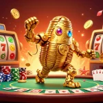 Experience the excitement of slot depo 5 ribu with vibrant casino elements where a golden golem celebrates big wins.