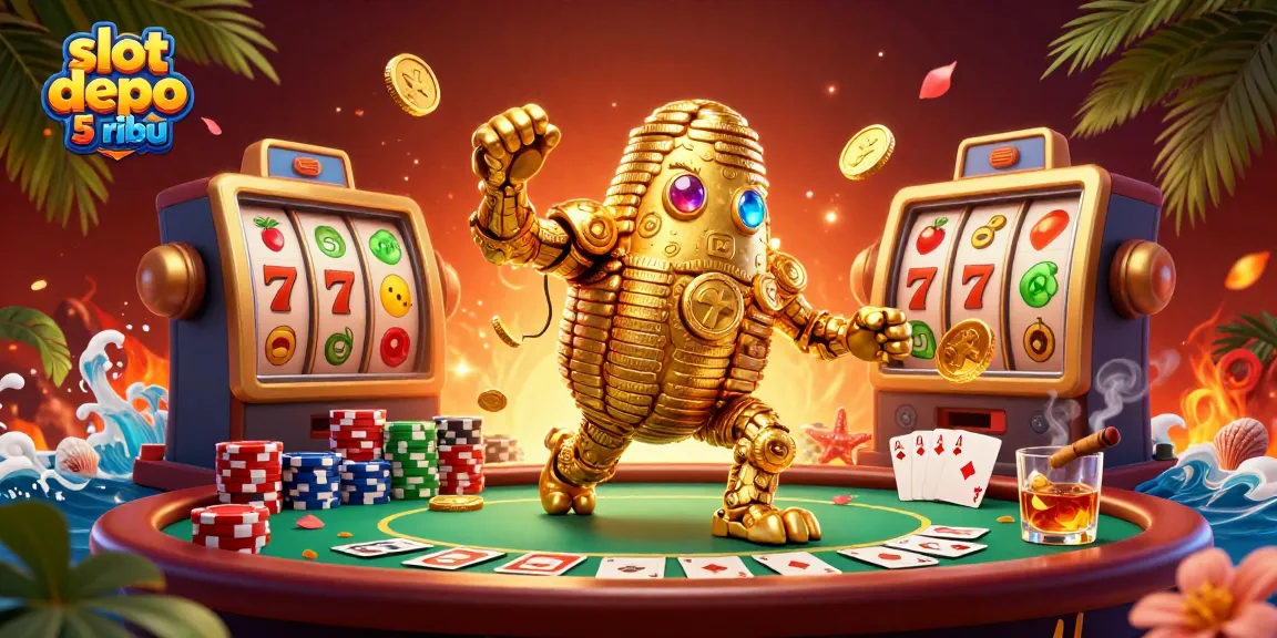 Experience the excitement of slot depo 5 ribu with vibrant casino elements where a golden golem celebrates big wins.