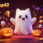 battlegroup42 showcases a ghost cat in a floating haunted casino scene, surrounded by slot symbols and glowing elements.