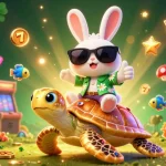 Engage with slot 777 and win as the lucky rabbit rides the golden turtle amidst vibrant game elements.