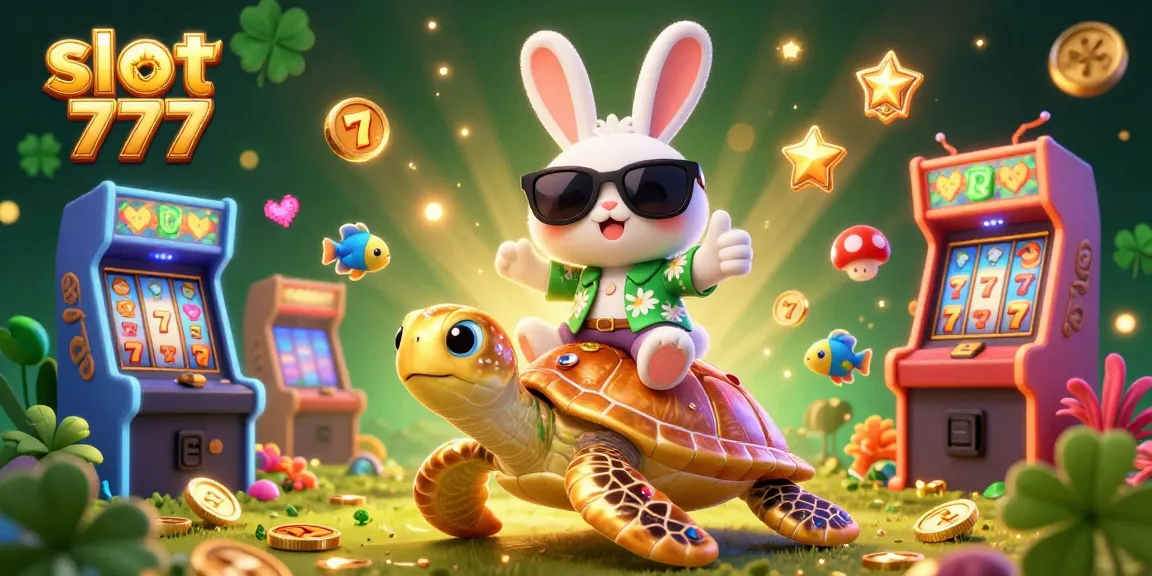 Engage with slot 777 and win as the lucky rabbit rides the golden turtle amidst vibrant game elements.