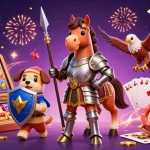 Experience excitement with vlxx as a knight, puppy, and falcon celebrate amidst sparkling casino elements.