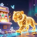 Experience the thrill of dominoqq with a neon tiger and jackpot explosion in this vibrant casino scene.