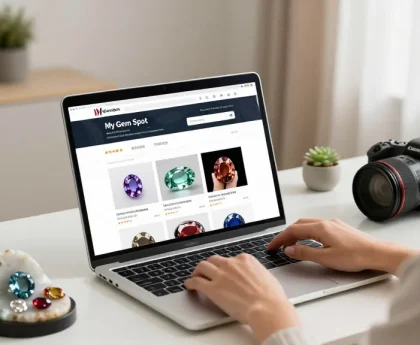 Discover curated recommendations on https://www.mygemspot.com with a woman shopping for high-quality gemstones in a stylish home office.