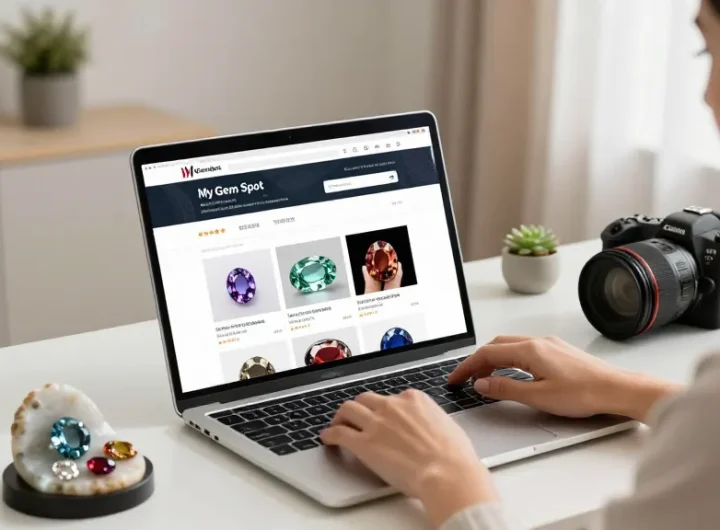 Discover curated recommendations on https://www.mygemspot.com with a woman shopping for high-quality gemstones in a stylish home office.