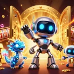 Jackpotjill showcases colorful 3D cartoon robots and slot elements in a vibrant casino scene.
