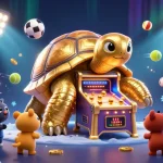 Engage with agen judi bola betting featuring a colossal tortoise pinball machine and dynamic sports elements.