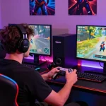 78win gaming enthusiast engaging in online shooting game with vibrant setup and accessories.