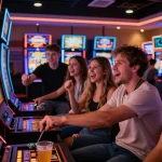Kelompok teman merayakan kemenangan di mesin slot jackpot yang cerah dan berwarna-warni, menciptakan suasana penuh kegembiraan.
