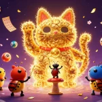 Ompong188 mempersembahkan kucing keberuntungan dengan detail berkilauan dan simbol kasino, dikelilingi bola lotere berwarna.