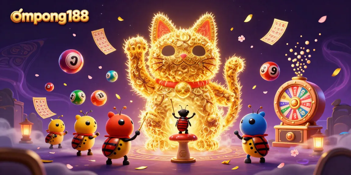 Ompong188 mempersembahkan kucing keberuntungan dengan detail berkilauan dan simbol kasino, dikelilingi bola lotere berwarna.
