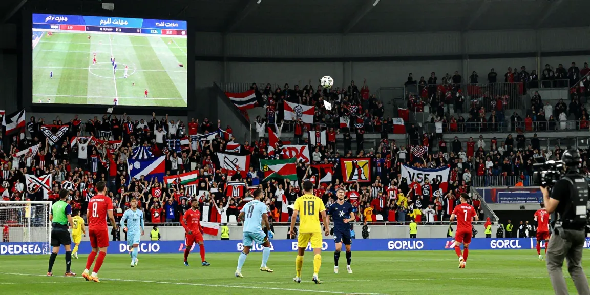 Exciting football match atmosphere capturing مباريات اليوم with fans cheering and players in action.