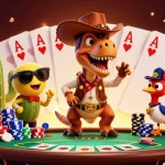 Engage with new123b for an exciting poker experience featuring a dynamic 3D cowboy dinosaur scene.
