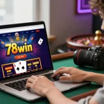 Engaging user exploring 78win.com online gambling platform with vibrant gaming graphics and casino elements.