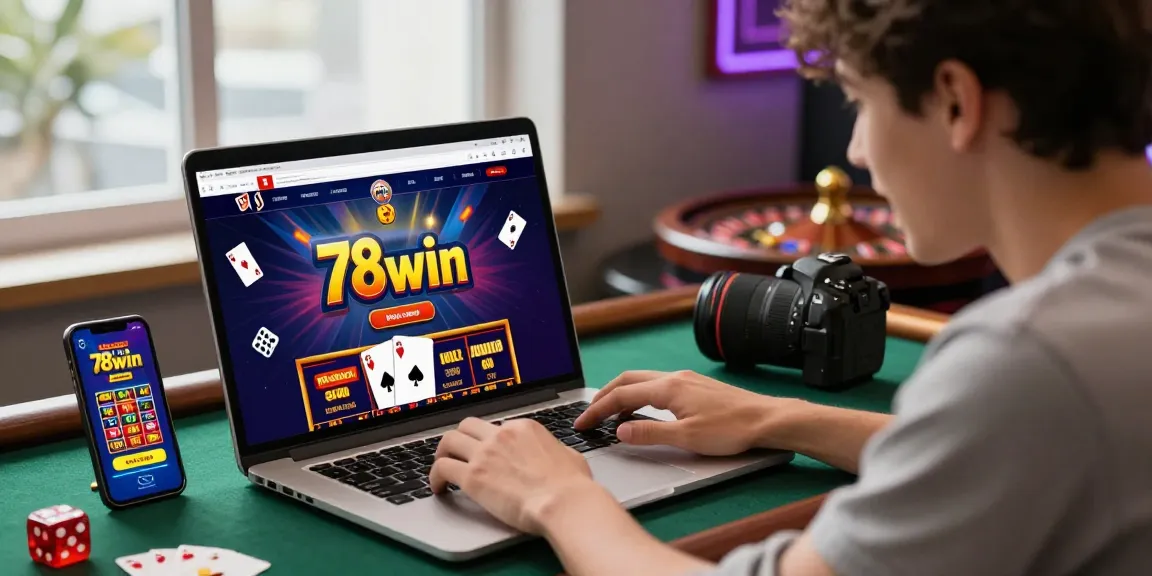 Engaging user exploring 78win.com online gambling platform with vibrant gaming graphics and casino elements.