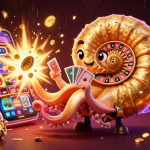 Engage in vivid FIVE88 gaming thrills with a colorful casino scene featuring a nautilus roulette wheel and slot machine.