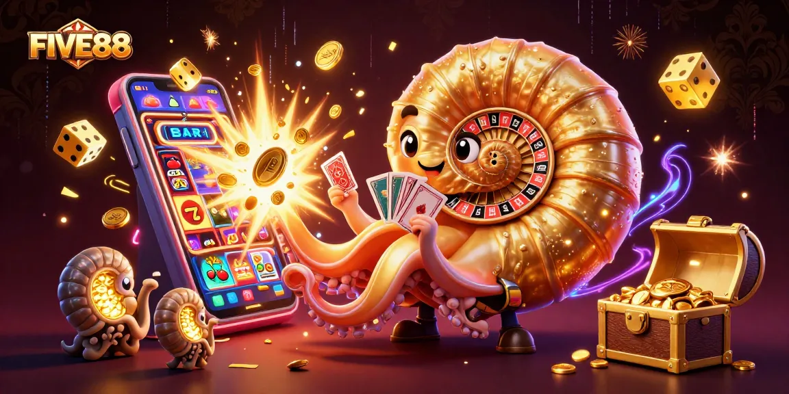 Engage in vivid FIVE88 gaming thrills with a colorful casino scene featuring a nautilus roulette wheel and slot machine.