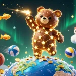 Win big with open88 as the constellation bear scoops coins while vibrant sports elements surround the scene.