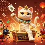 ZBET casino scene featuring a mummy cat, scarab beetle, and floating symbols, creating a vibrant slot atmosphere.