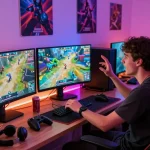 Youth enjoying a gaming session in a vibrant hitclub atmosphere with LED lights and intense visuals.
