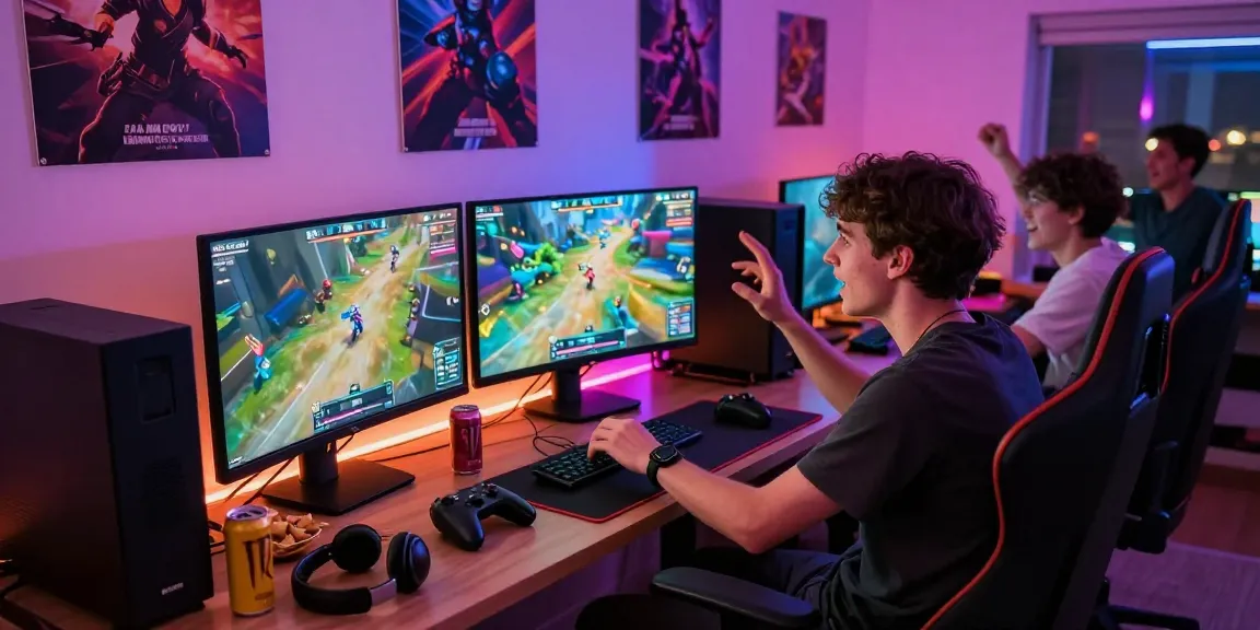 Youth enjoying a gaming session in a vibrant hitclub atmosphere with LED lights and intense visuals.