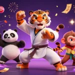 Engage with f168's exciting gaming action featuring a tiger master, panda disciple, and a sneaky monkey in a vibrant casino scene.