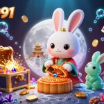 Experience the excitement of BTY0991 with a vibrant casino scene featuring a moon rabbit and poker chips.
