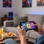 Pussy888 Download engaging mobile gaming scene with player enjoying vibrant game visuals on smartphone in a cozy living room.