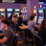 Exciting gaming scene featuring friends enjoying sunwin slot machines in a lively arcade atmosphere.