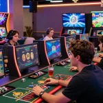 grandbetting online gaming scene with players enjoying live casino experience at high-tech stations
