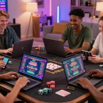 Friends enjoying games with Free No Deposit Bonus offers in a cozy setting
