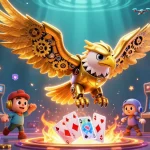 Experience thrilling gameplay at rr88 vip with a dynamic 3D illustration of a cybernetic eagle amidst casino elements.